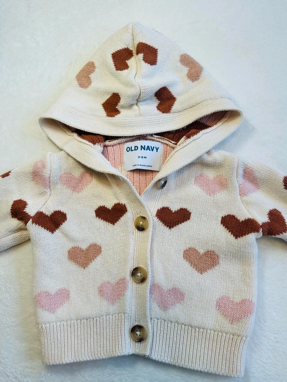 Cream Hooded Knit Cardigan with Pink & Neutral Brown tone Hearts